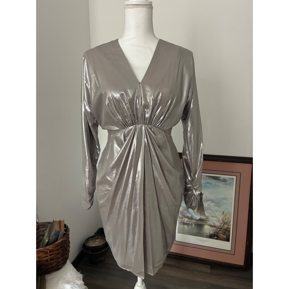 Rag & Bone Eloise Metallic Silver Draped Dress Size 0 Long Sleeve Homecoming